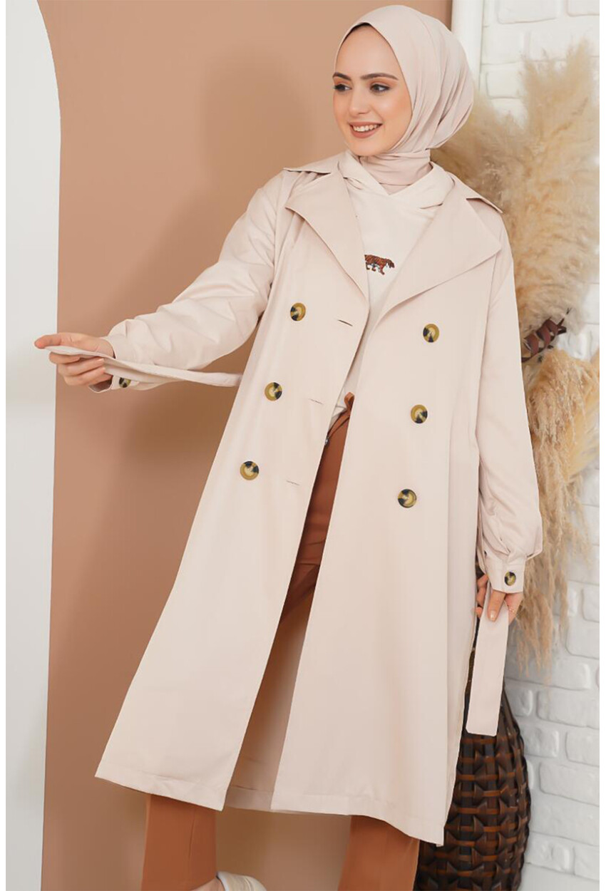 T5853 Double-Breasted Hijab Trench Coat