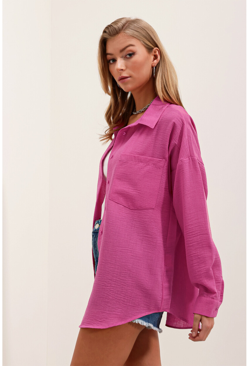 20153 Oversized Linen Shirt With Single Pocket