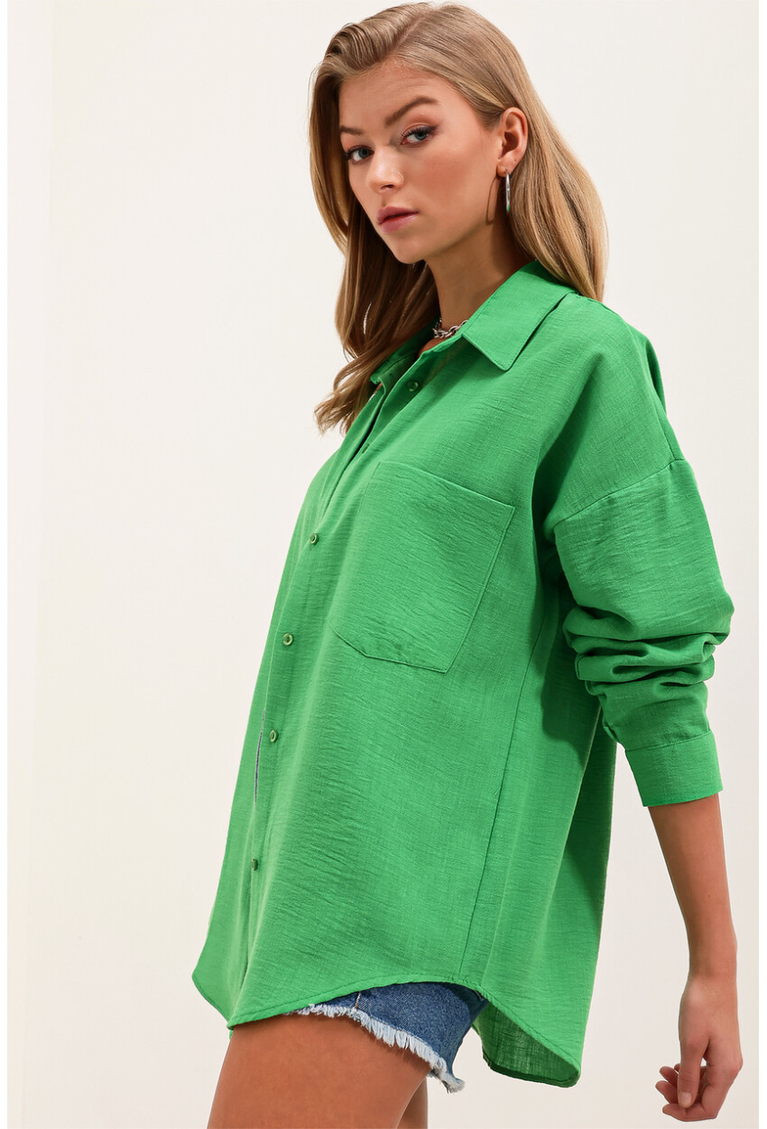 20153 Oversized Linen Shirt With Single Pocket