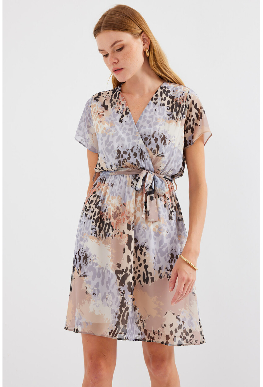 2502 Short Sleeve Patterned Chiffon Dress