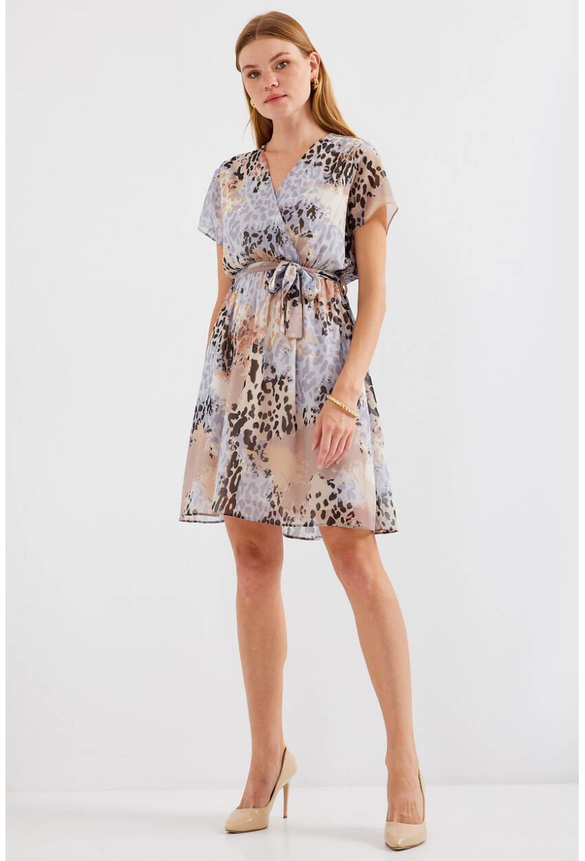 2502 Short Sleeve Patterned Chiffon Dress