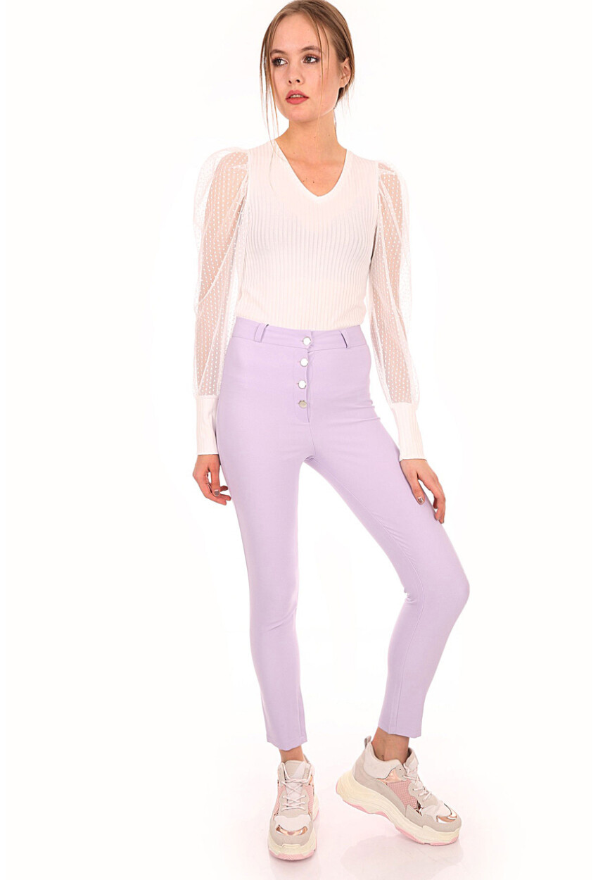 6467 Buttoned High-Waist Stretch Pants