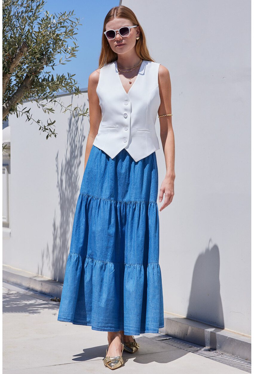 8022 Flounced Long Denim Skirt