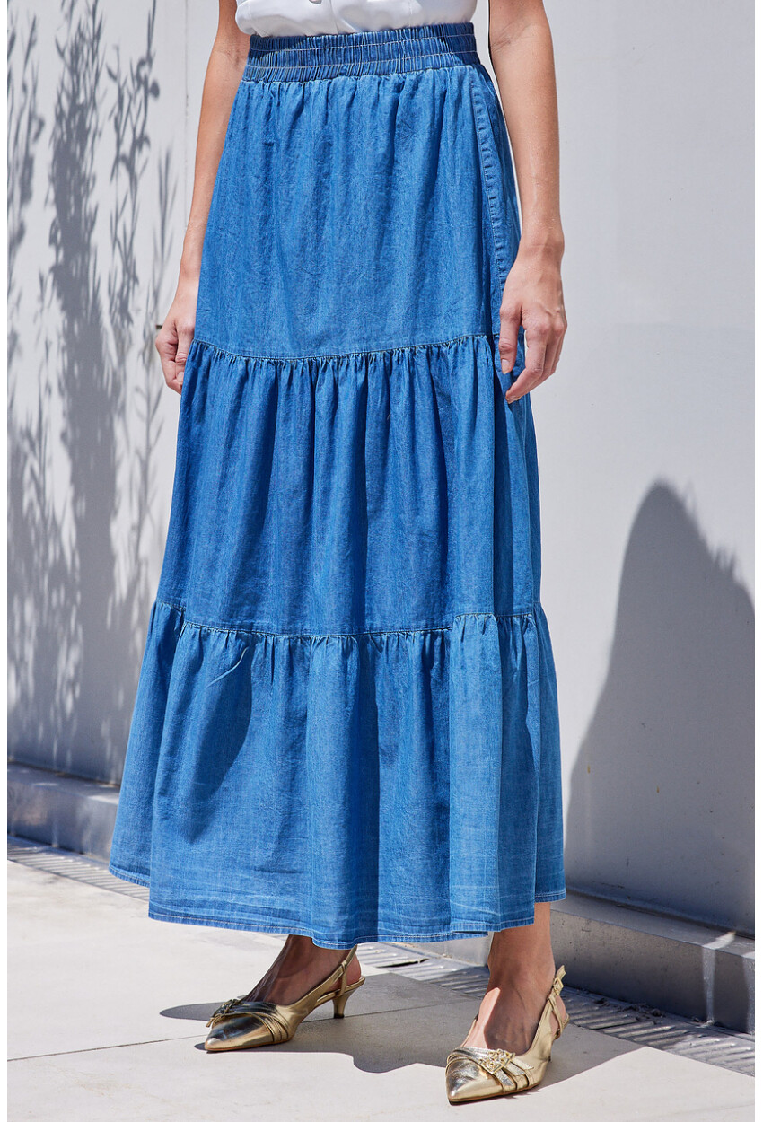 8022 Flounced Long Denim Skirt