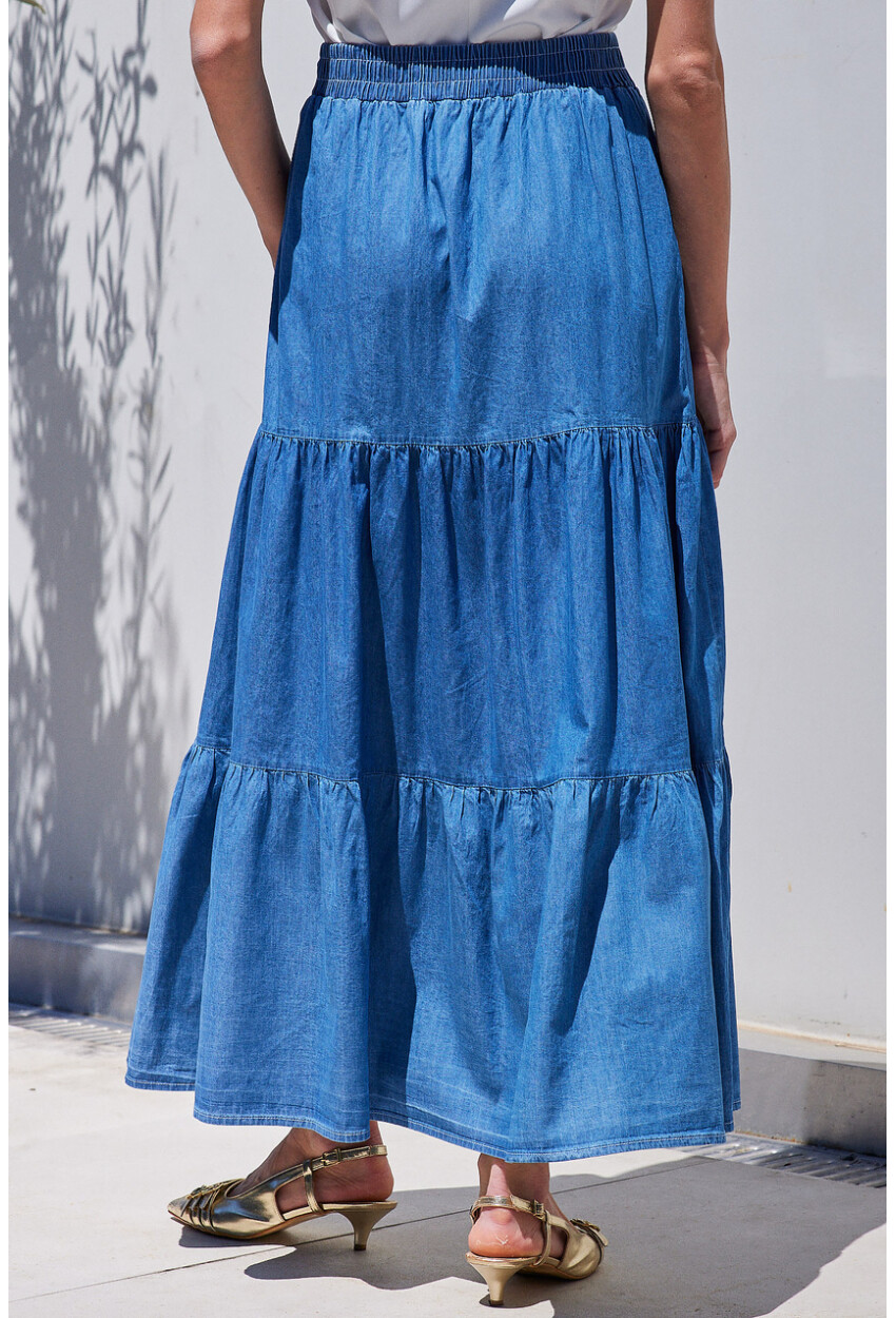 8022 Flounced Long Denim Skirt