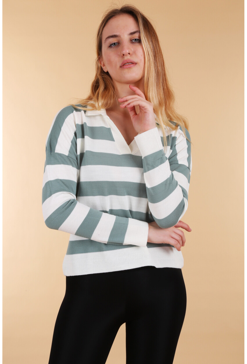 15777 Polo Collar Striped Sweater