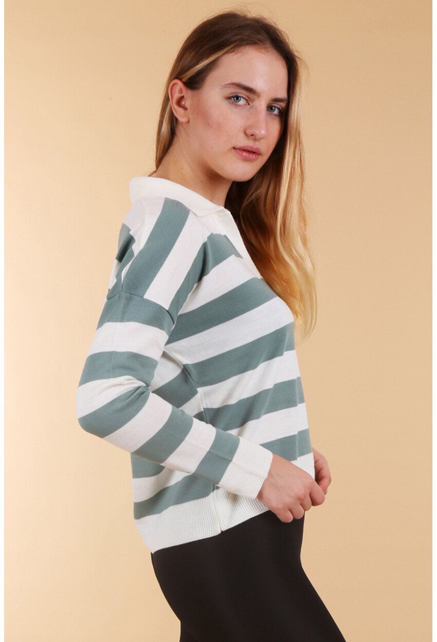 15777 Polo Collar Striped Sweater