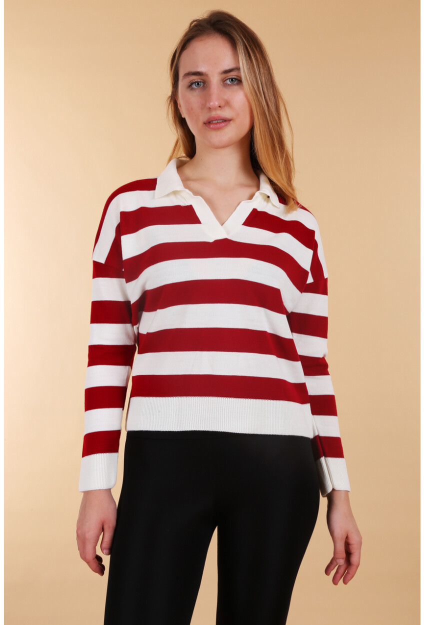 15777 Polo Collar Striped Sweater