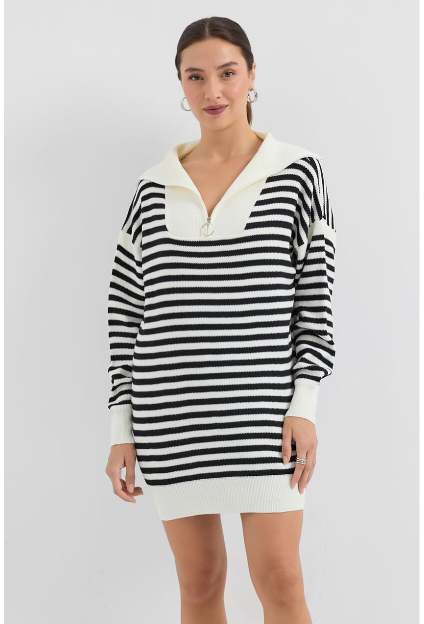 15886 Polo Collar Striped Long Knit Sweater