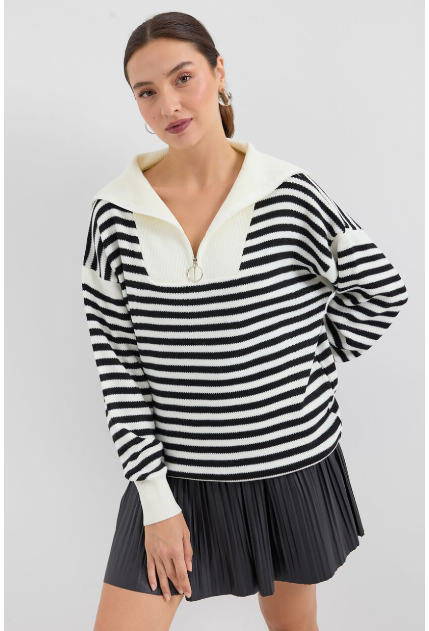 15886 Polo Collar Striped Long Knit Sweater