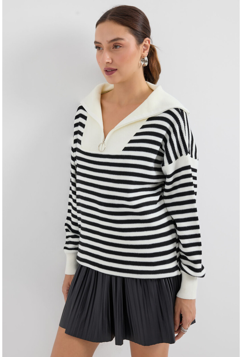 15886 Polo Collar Striped Long Knit Sweater