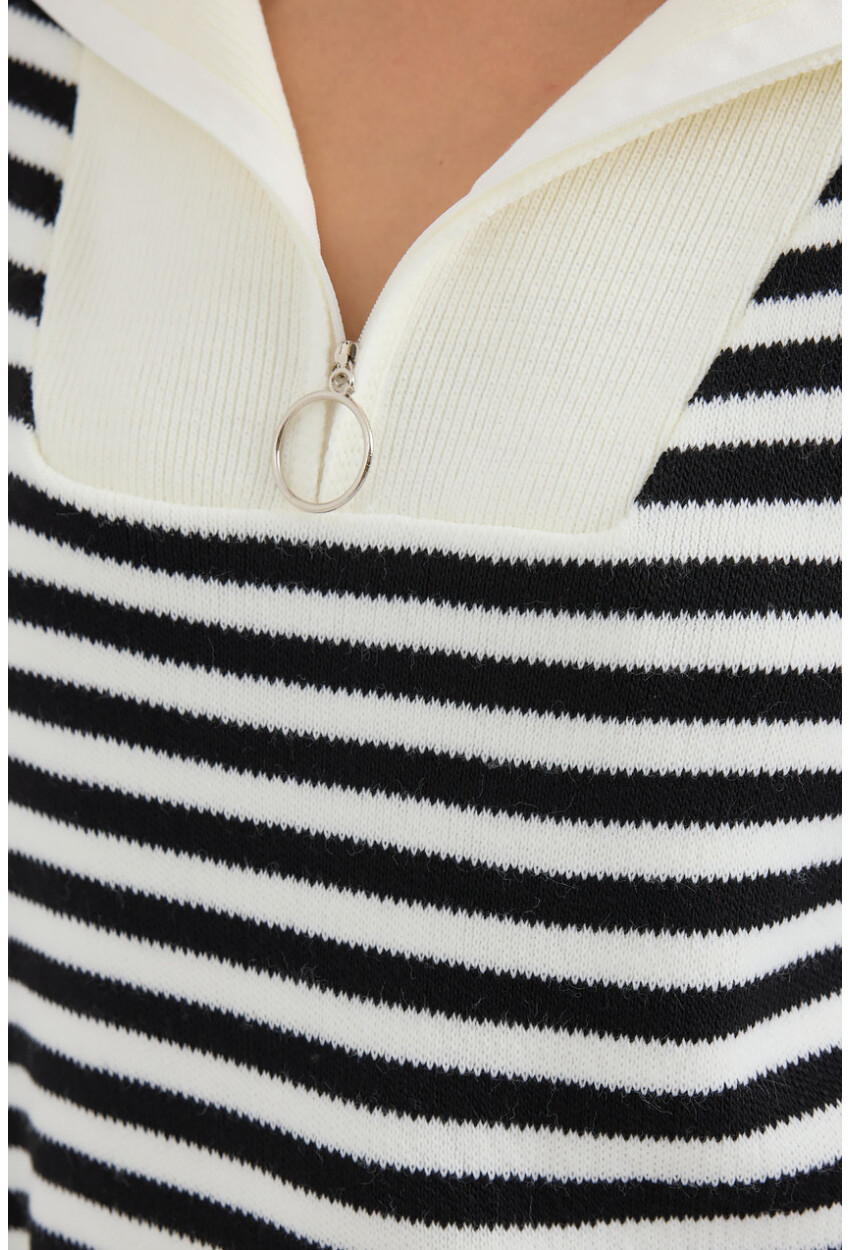 15886 Polo Collar Striped Long Knit Sweater