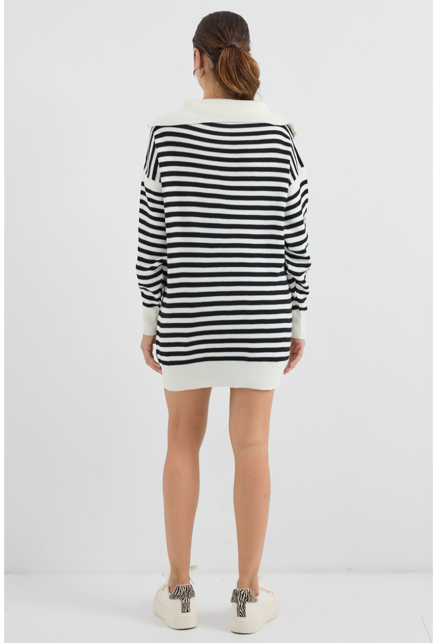 15886 Polo Collar Striped Long Knit Sweater