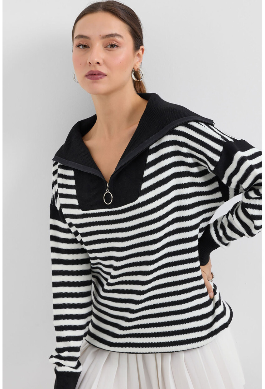 15886 Polo Collar Striped Long Knit Sweater