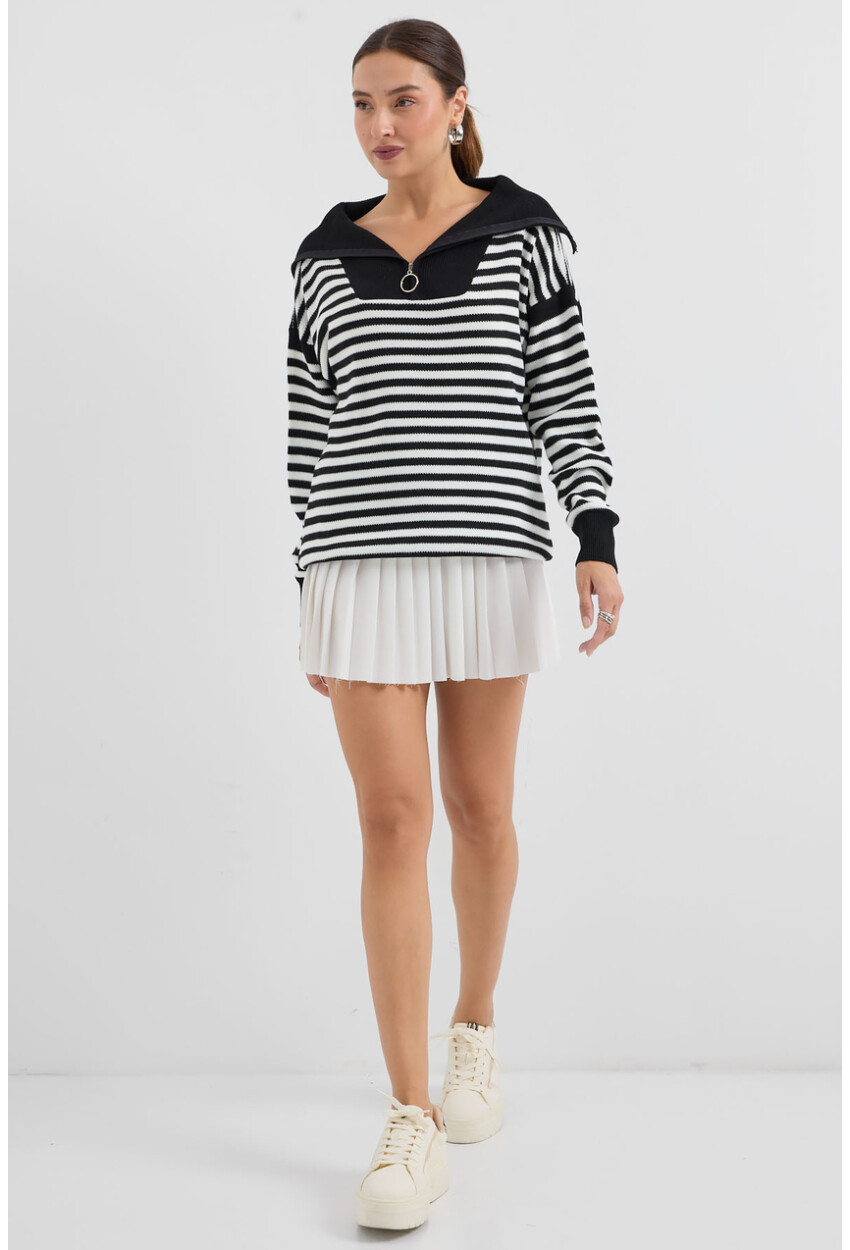 15886 Polo Collar Striped Long Knit Sweater