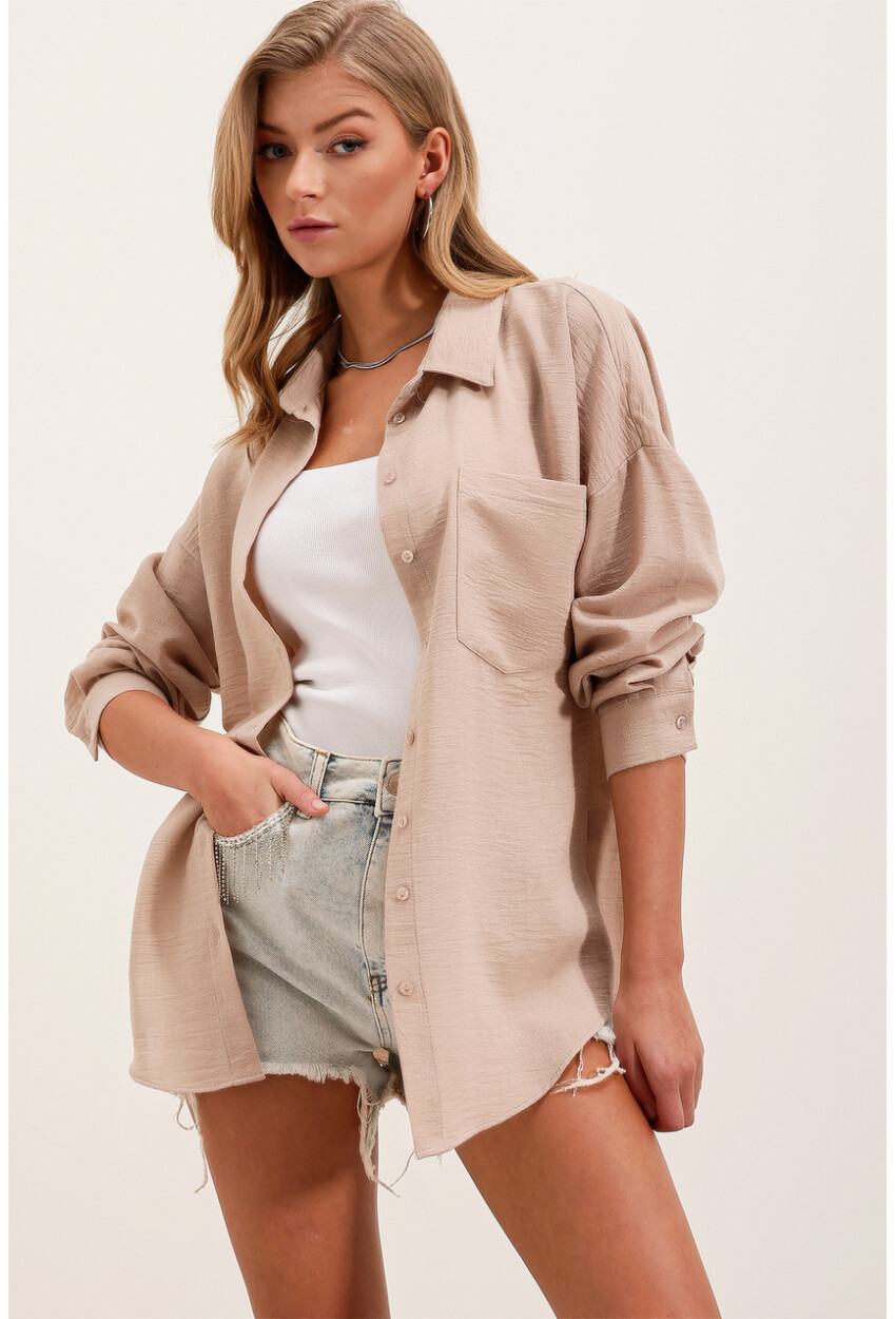 20153 Oversized Linen Shirt With Single Pocket