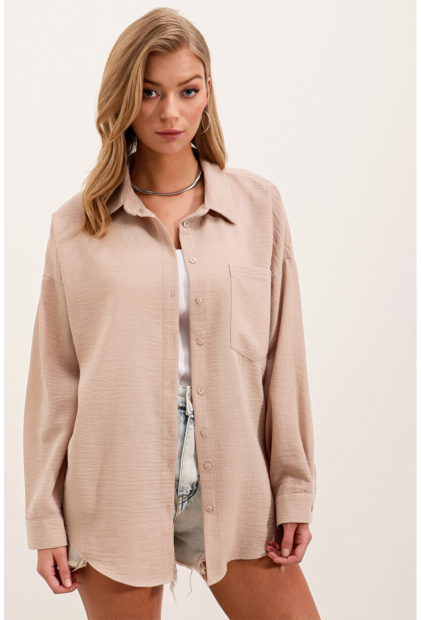 20153 Oversized Linen Shirt With Single Pocket