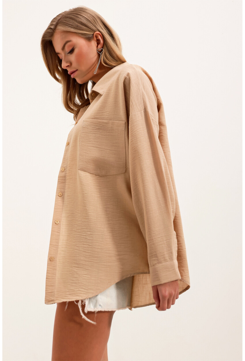 20153 Oversized Linen Shirt With Single Pocket