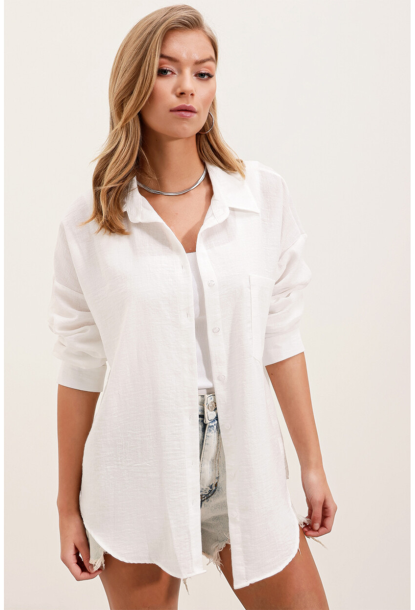 20153 Oversized Linen Shirt With Single Pocket