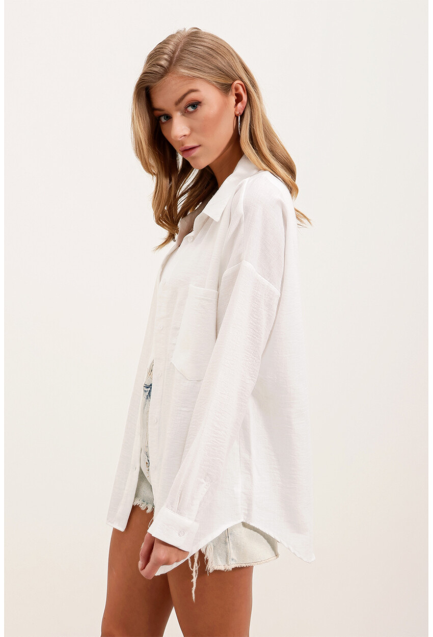 20153 Oversized Linen Shirt With Single Pocket