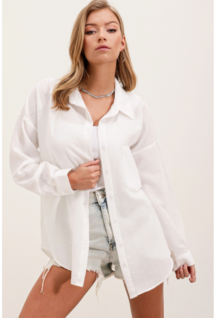 20153 Oversized Linen Shirt With Single Pocket