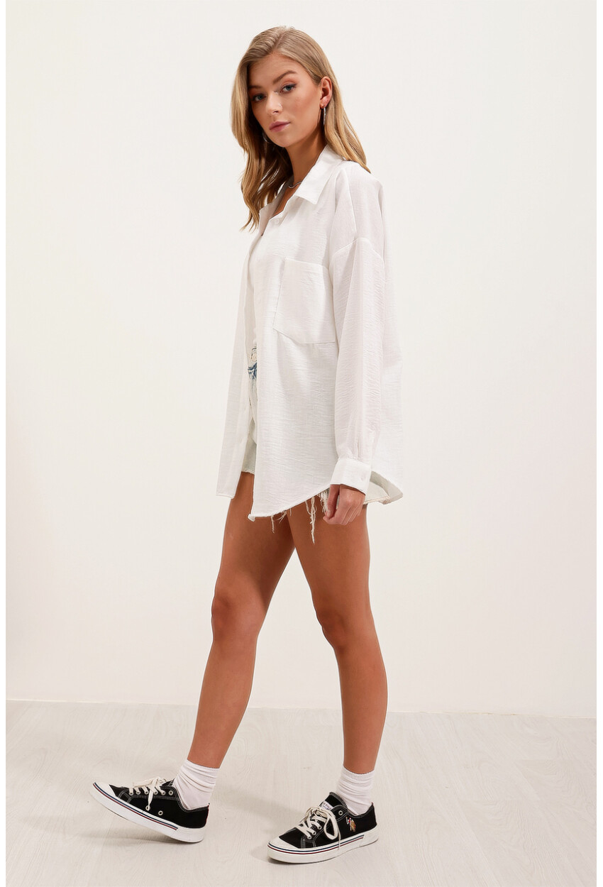 20153 Oversized Linen Shirt With Single Pocket