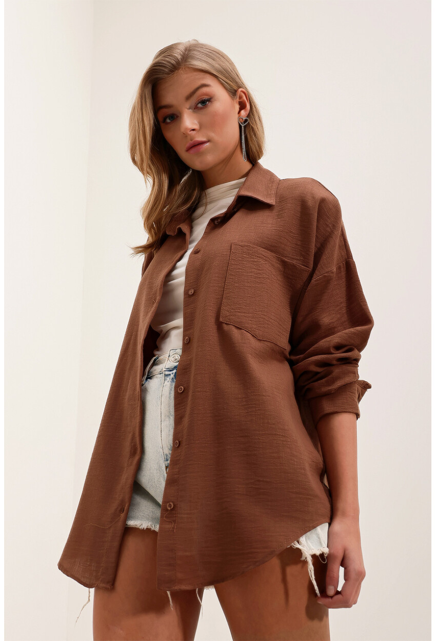 20153 Oversized Linen Shirt With Single Pocket