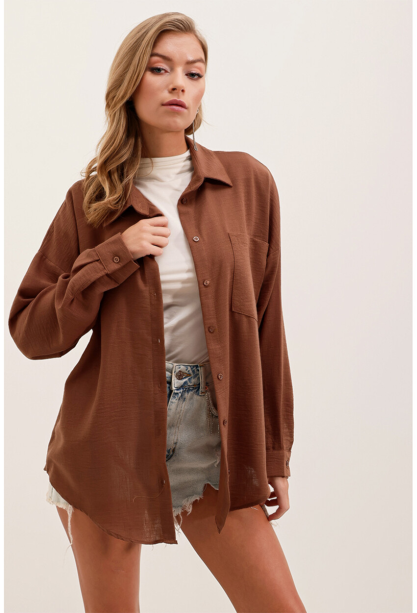 20153 Oversized Linen Shirt With Single Pocket