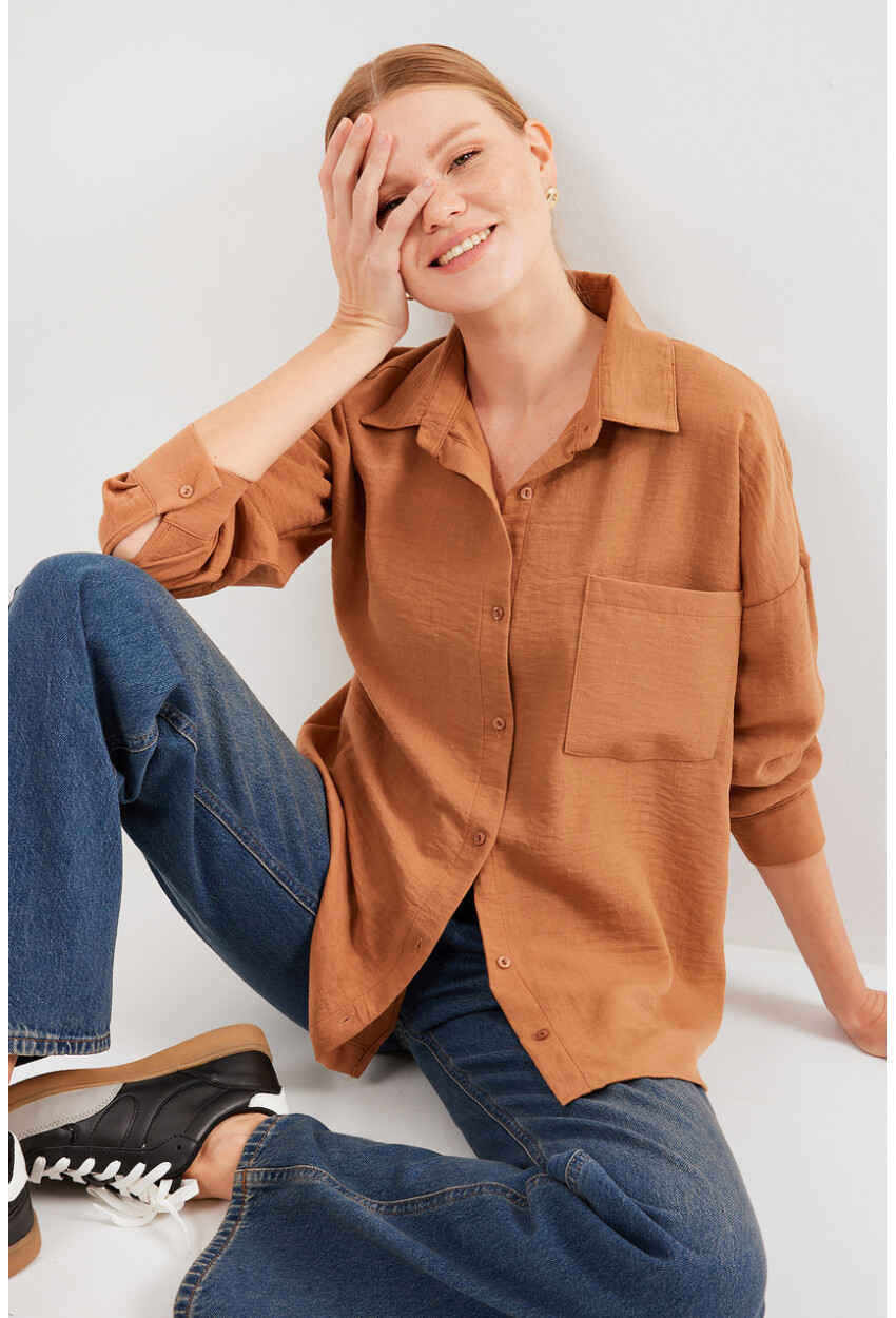 20153 Oversized Linen Shirt With Single Pocket