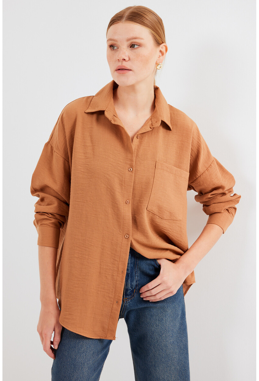 20153 Oversized Linen Shirt With Single Pocket