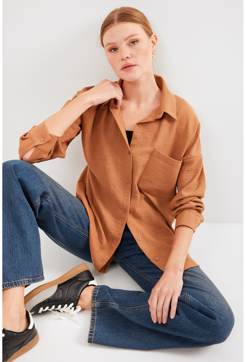 20153 Oversized Linen Shirt With Single Pocket