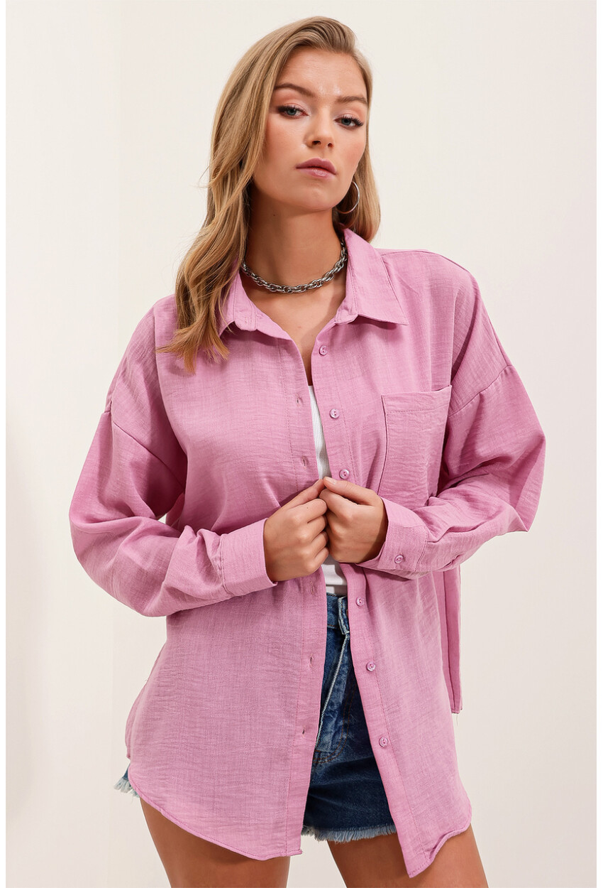 20153 Oversized Linen Shirt With Single Pocket