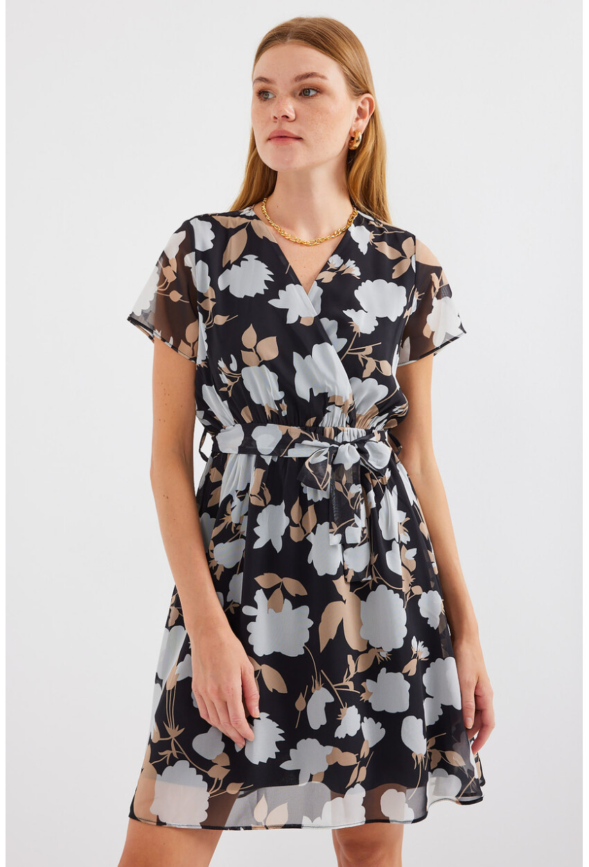 2502 Short Sleeve Patterned Chiffon Dress