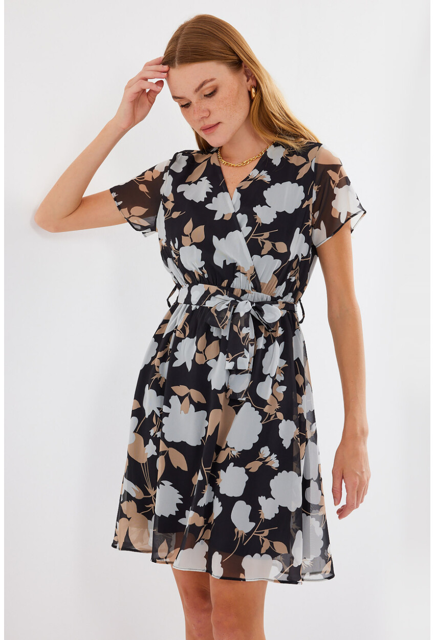 2502 Short Sleeve Patterned Chiffon Dress