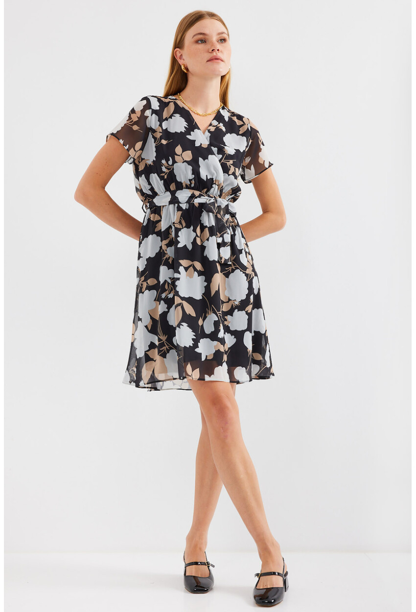 2502 Short Sleeve Patterned Chiffon Dress