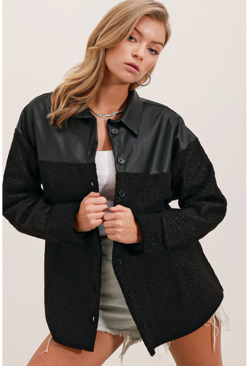 3998 Boucle Oversized Shirt With Faux Leather Detail