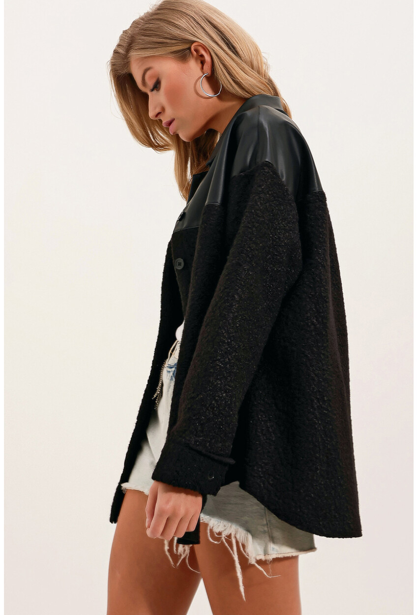 3998 Boucle Oversized Shirt With Faux Leather Detail