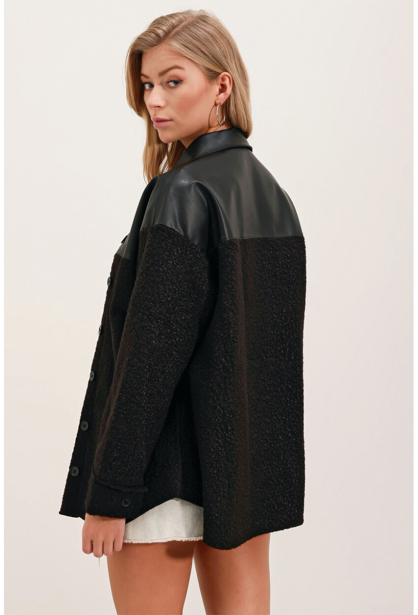 3998 Boucle Oversized Shirt With Faux Leather Detail