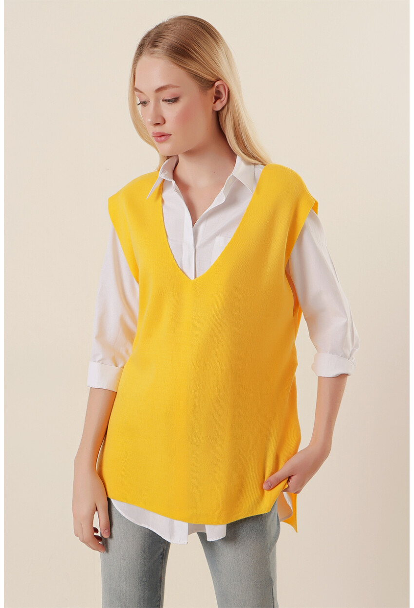 15760 Kuşaklı Triko Süveter - Sarı