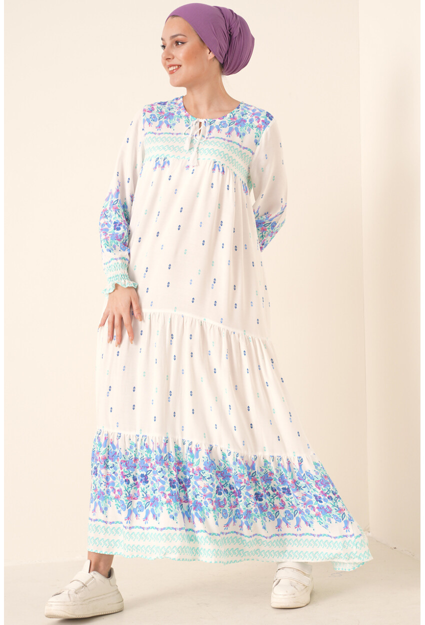 2175 Desenli Tesettür Elbise - Mint