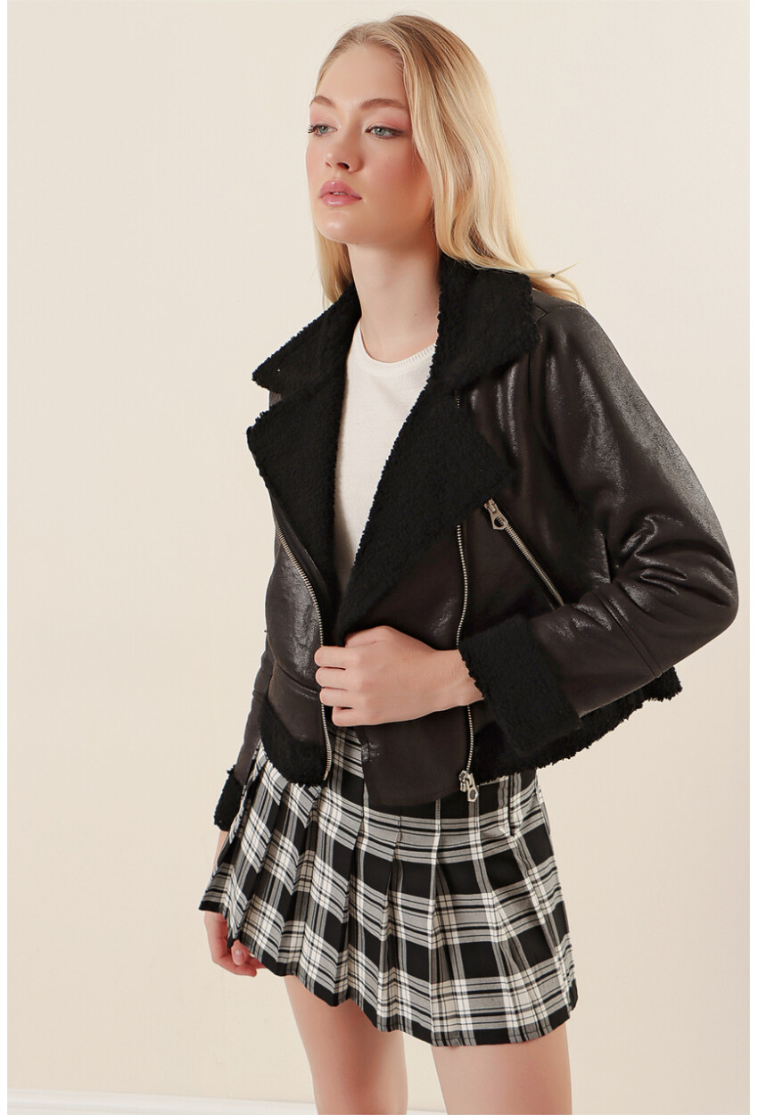 5155 Double-Breasted Faux Fur-Trimmed Leather Jacket