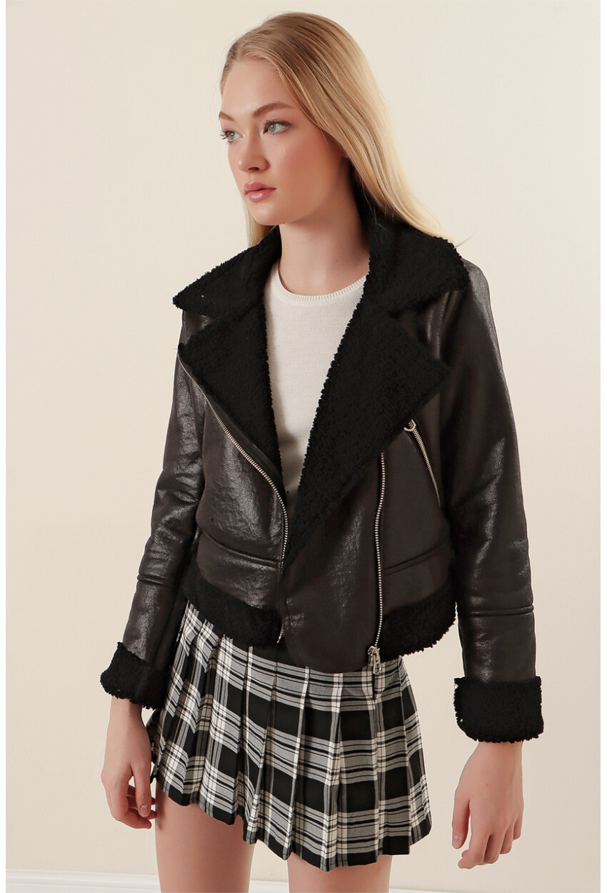 5155 Double-Breasted Faux Fur-Trimmed Leather Jacket