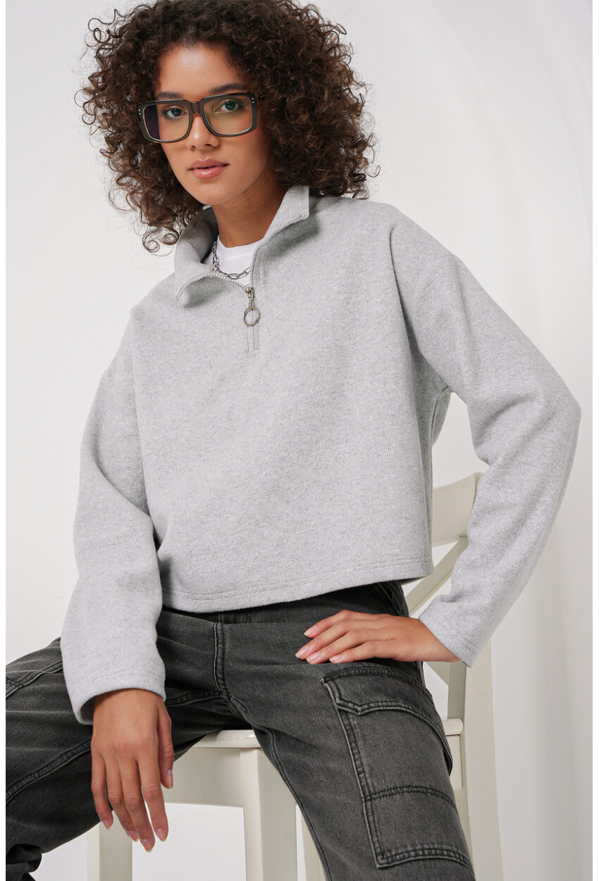 55449 Fermuarlı Yaka Örme Sweatshirt