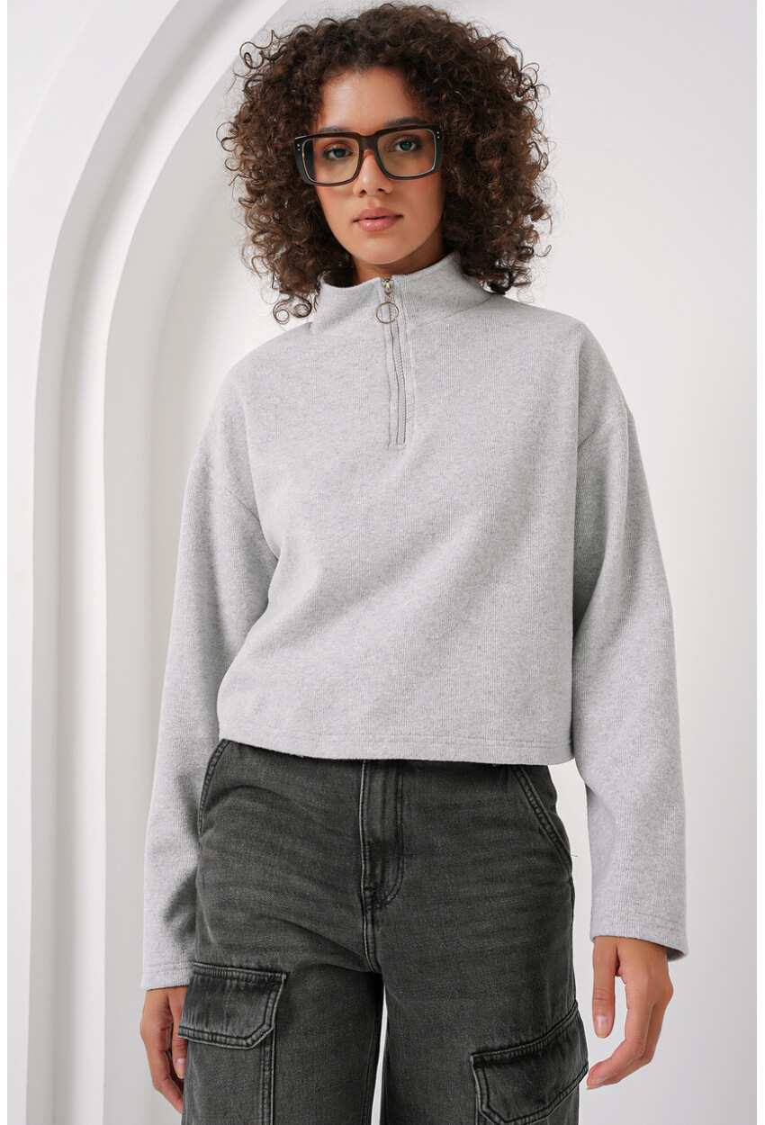 55449 Fermuarlı Yaka Örme Sweatshirt