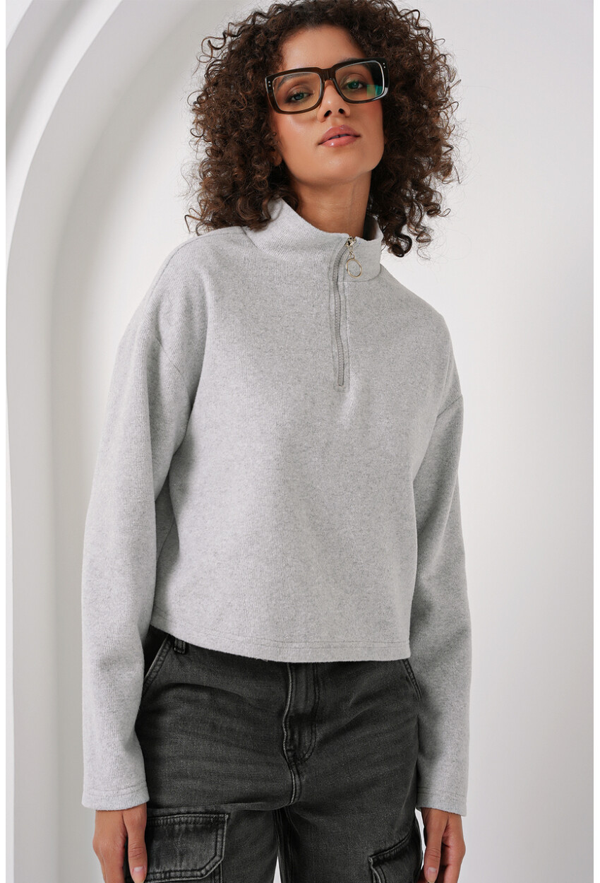 55449 Fermuarlı Yaka Örme Sweatshirt