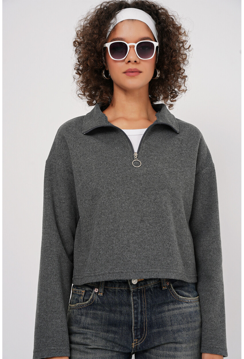 55449 Fermuarlı Yaka Örme Sweatshirt