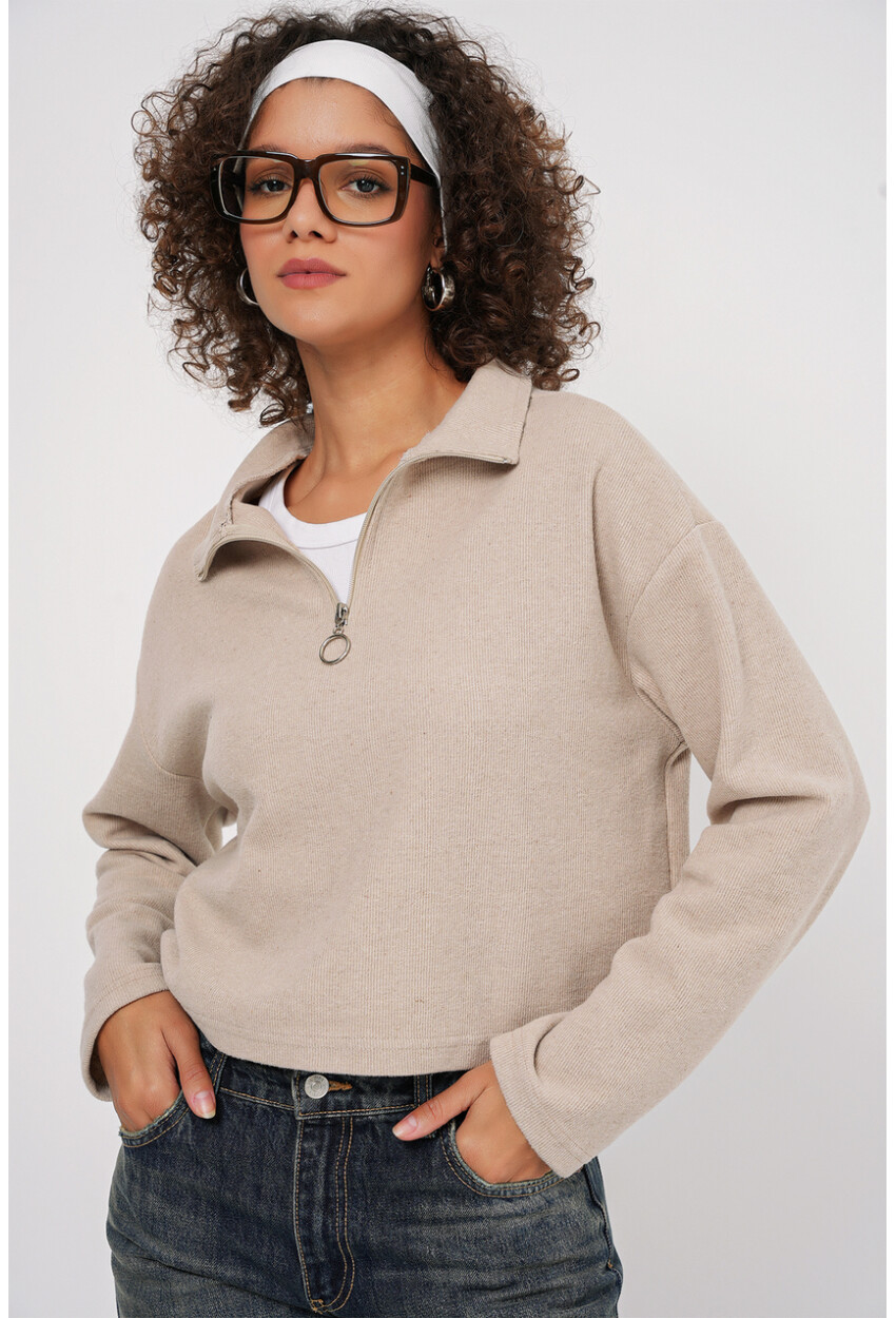 55449 Fermuarlı Yaka Örme Sweatshirt