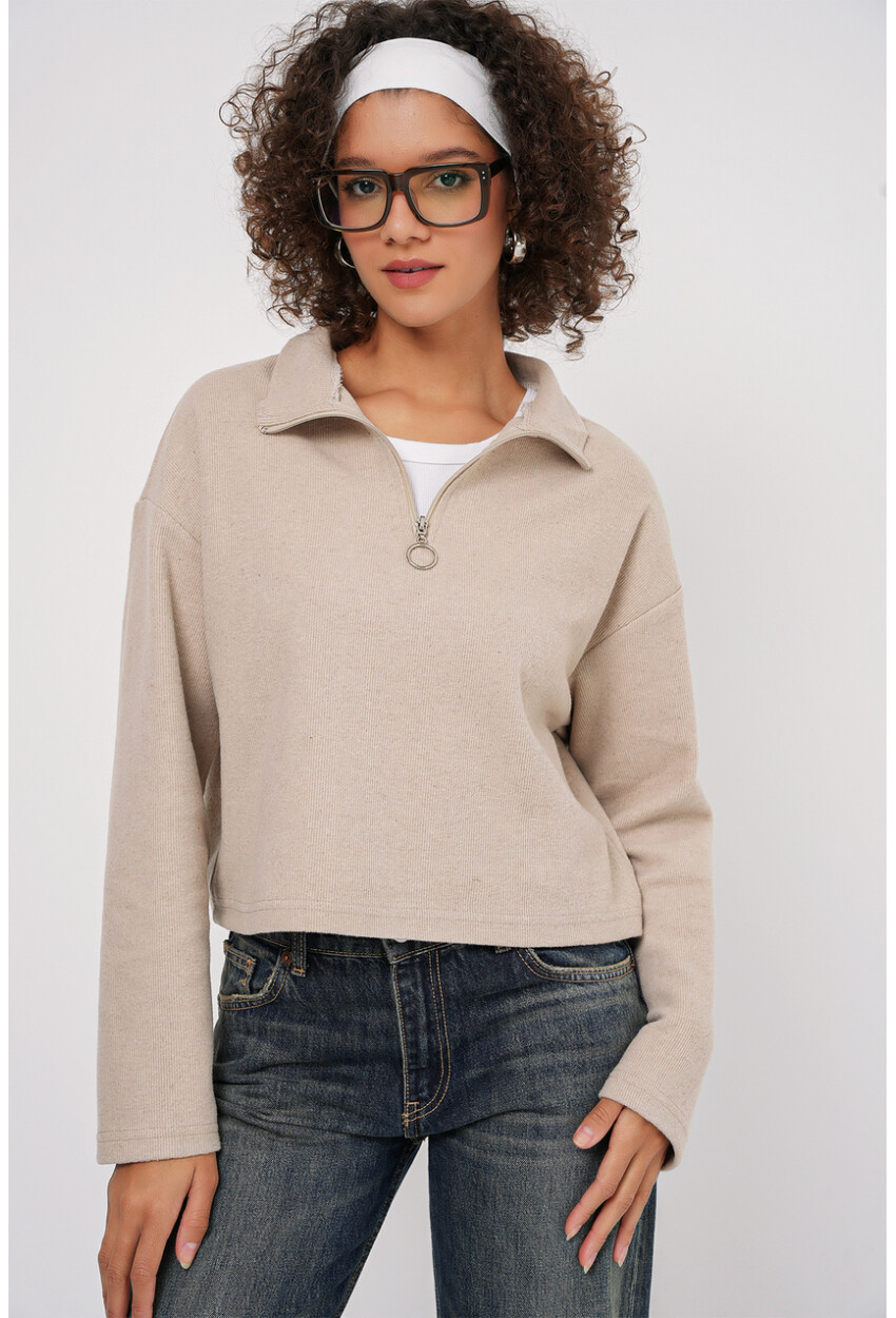 55449 Fermuarlı Yaka Örme Sweatshirt