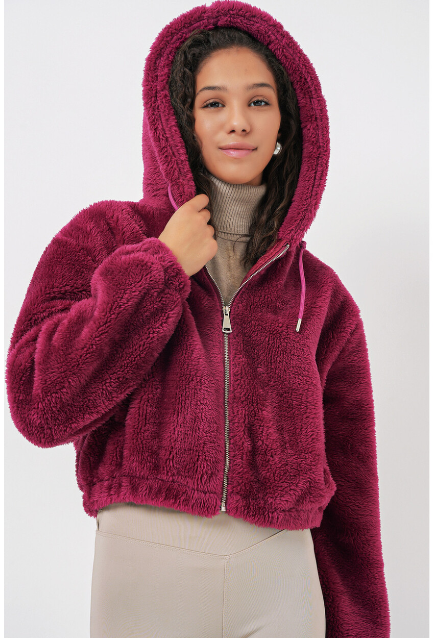 5193 Kapüşonlu Peluş Crop Ceket