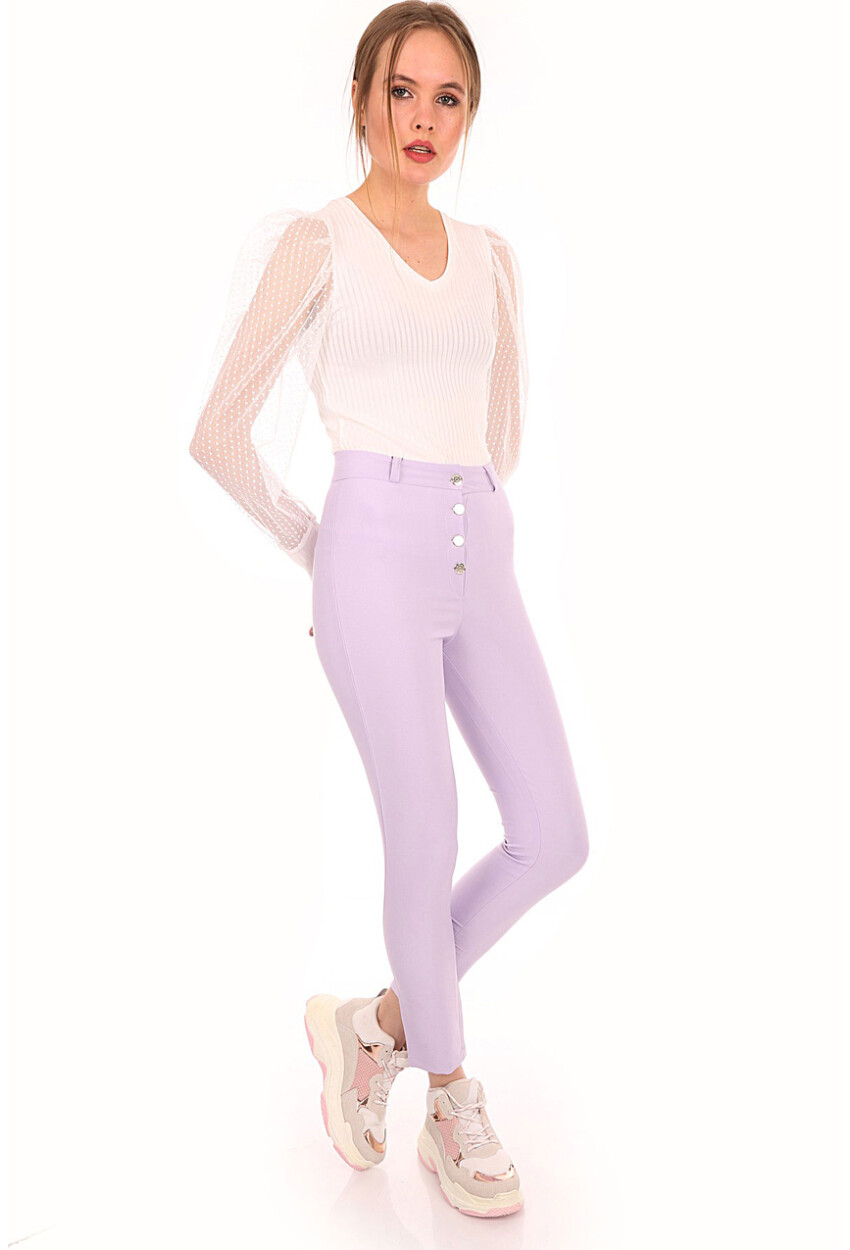 6467 Buttoned High-Waist Stretch Pants